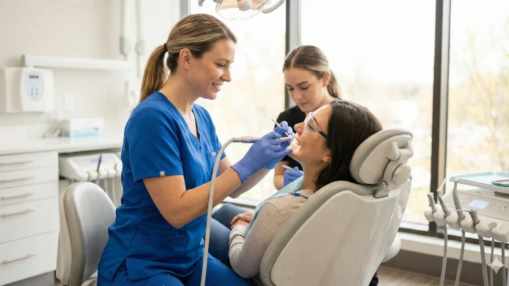 Dental hygienist polishing teeth during routine hygiene appointment