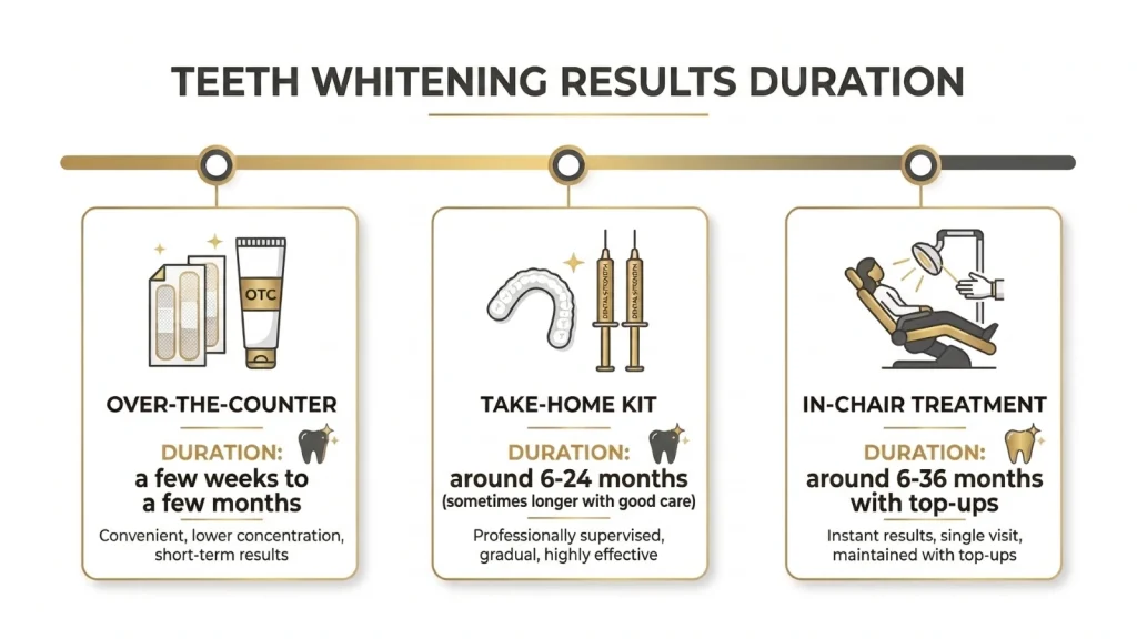 Infographic showing how long teeth whitening results last for over‑the‑counter products, dentist take‑home kits, and in‑chair treatment