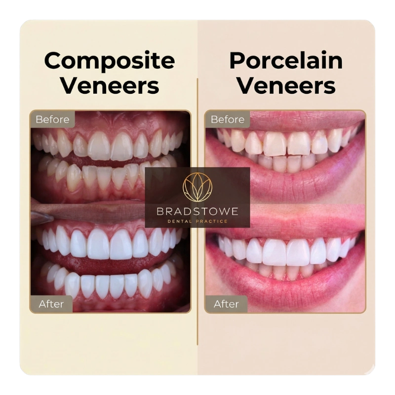 composite veneers vs porcelain veneers before and after pictures of patients at bradstowe dental practice
