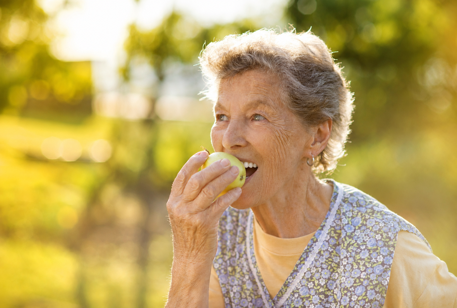 Woman comfortably biting into an apple after healing from dental implant surgery